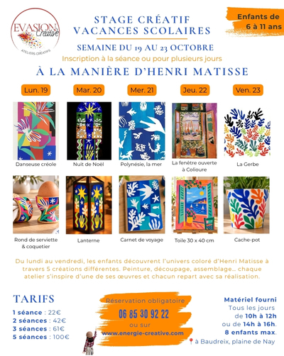 stage créatif enfants - Semaine du 19 au 23 octobre - Pau, Nay, Baudreix, 64. stage créatif enfants - Semaine du 19 au 23 octobre - Pau, Nay, Baudreix, 64.